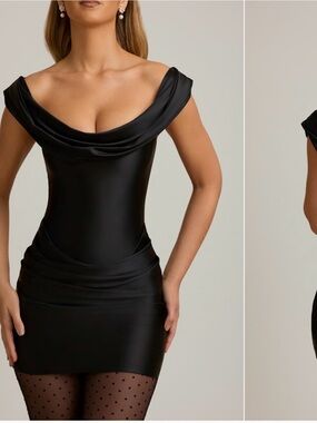 Black Off-Shoulder Satin Mini Dress- Maeve